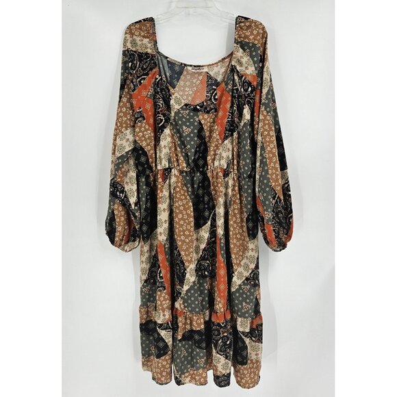 Haptics Holly Harper Patchwork Print Peasant Dress Retro 70s Off Shoulder 2X - Picture 1 of 5